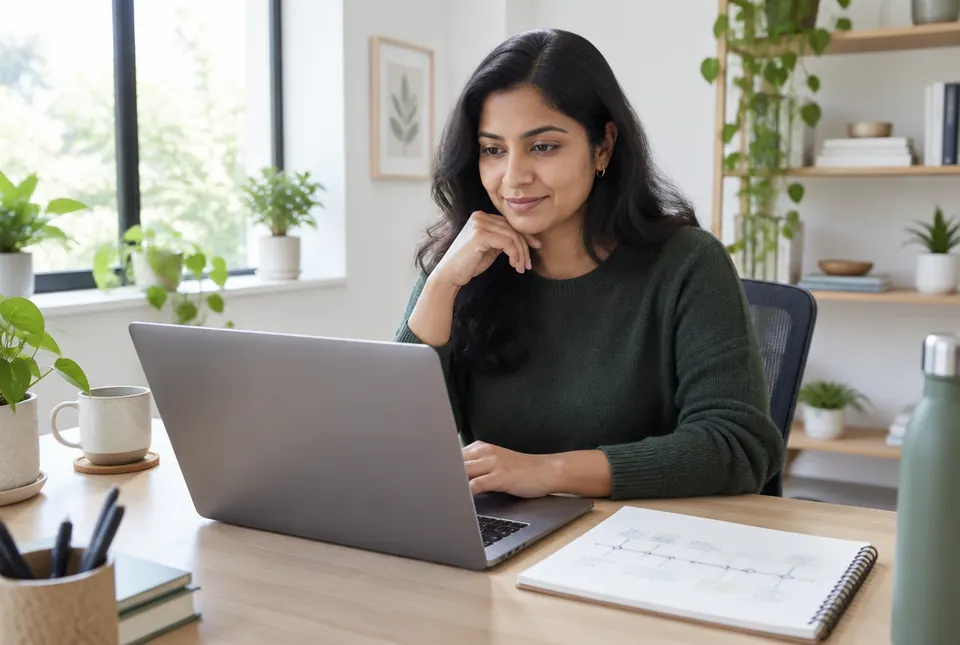 An independent programme manager works on a laptop at a desk in a bright home office.