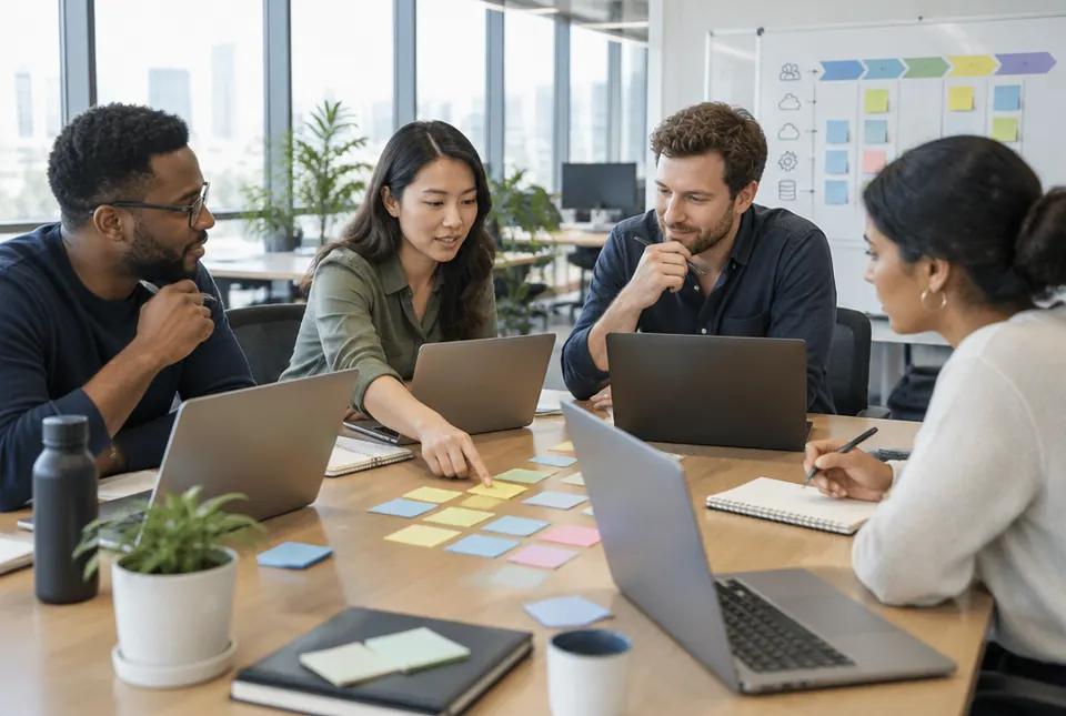 A delivery team works around a table of laptops and sticky notes, with a process diagram on the whiteboard behind them.