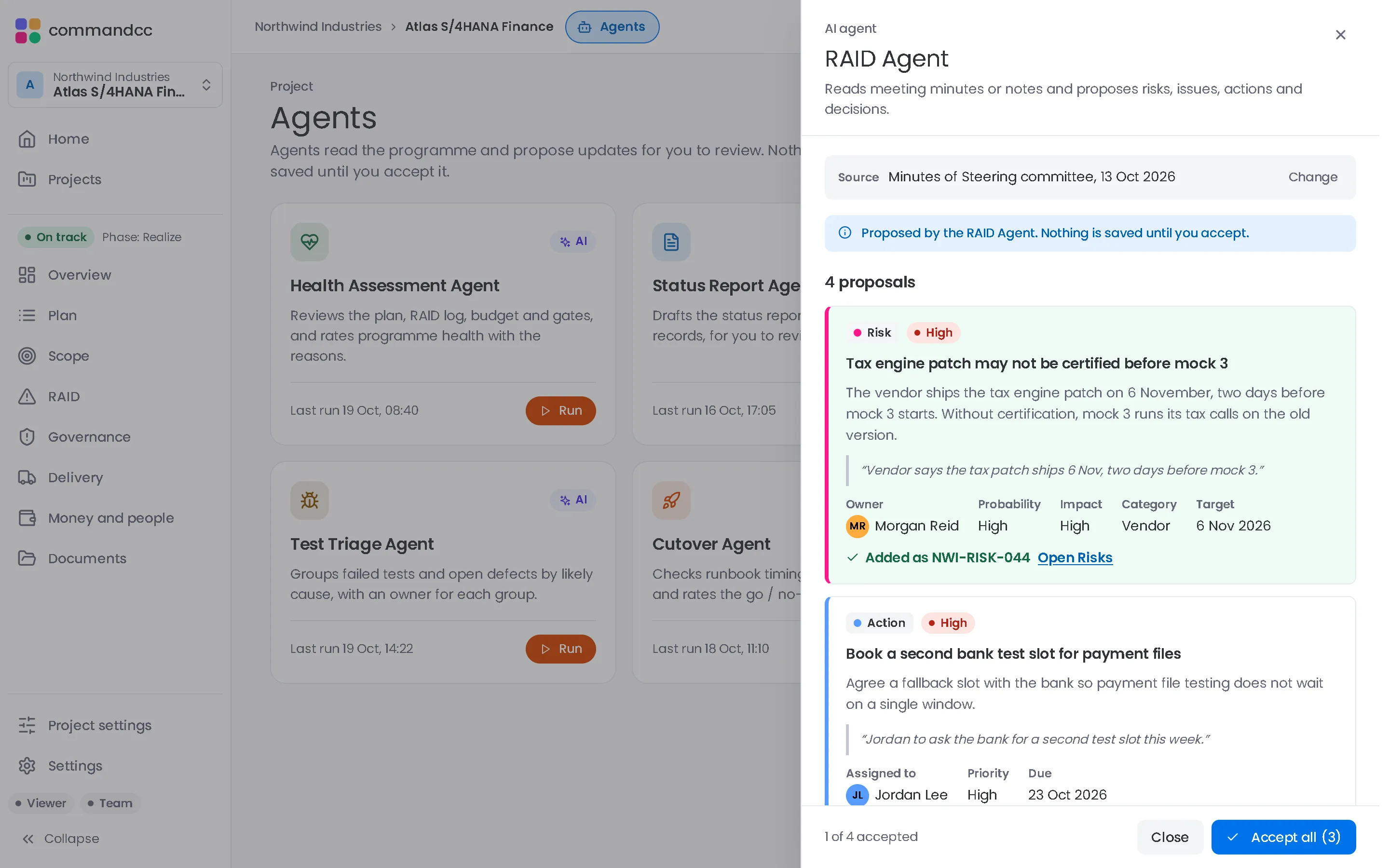 CommandCC Agents tab listing the six programme agents, with sample data