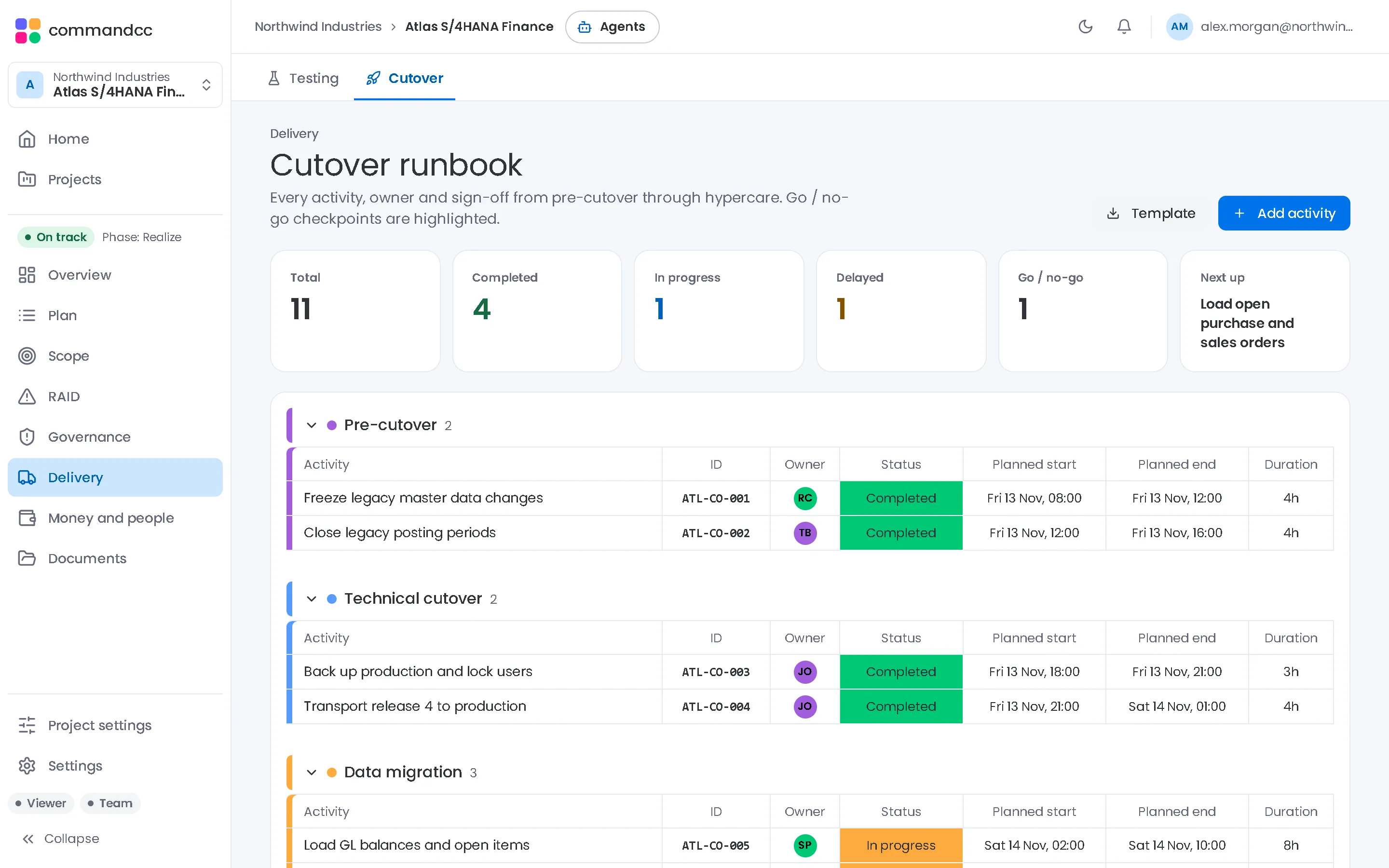 CommandCC cutover runbook with sample data