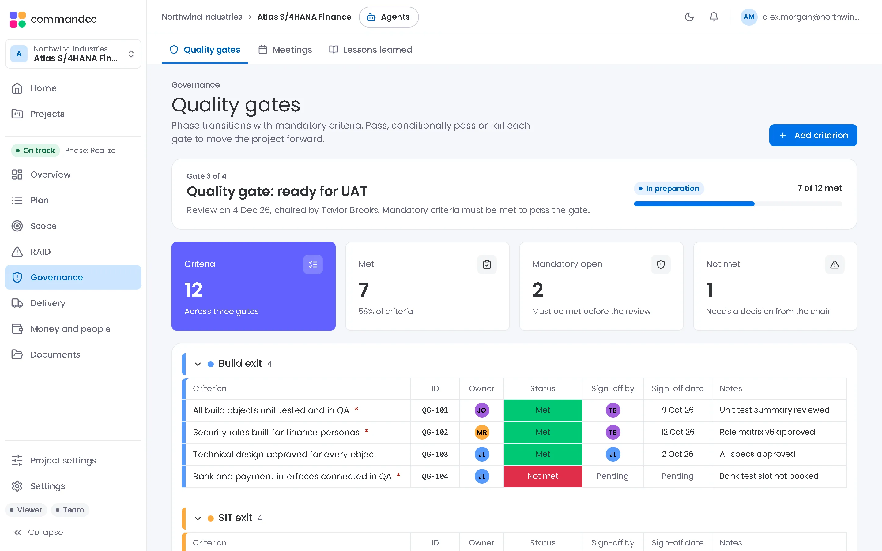 CommandCC quality gates with criteria, owners and sign-off, with sample data