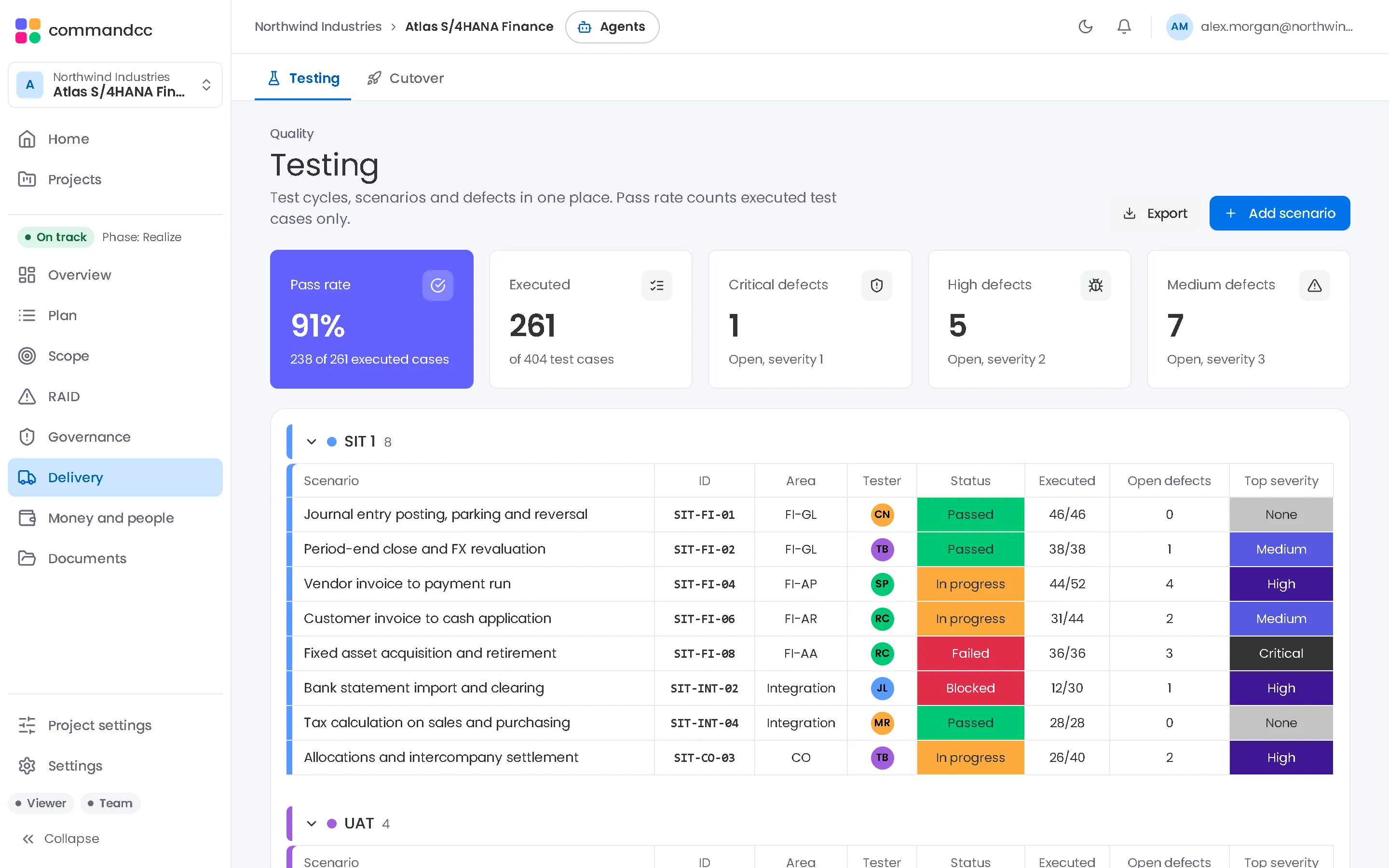 CommandCC test cycles with pass rate and defects, with sample data